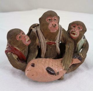 Vtg Antique Japanese Banko Ware Monkeys With Fish Figurine Statue Netsuke
