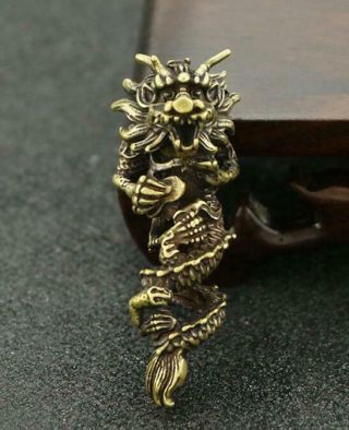 China Old Pure Copper Hand - Made Hollow Out Dragon Good Luck Statue Pendant Za01