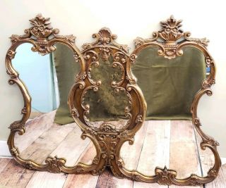 Huge Vintage Antique Ornate Tri Oval Mirror Gold Wood Triple Hollywood Regency