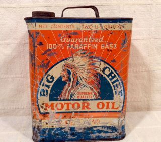 Rare Vintage Big Chief 2 Gal.  Motor Oil Can Guaranteed 100 Paraffin Base