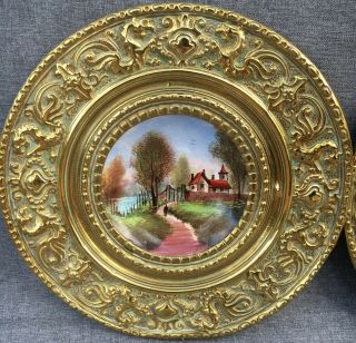 Antique french ceramic decors framed brass repousse signed Sarreguemines 3