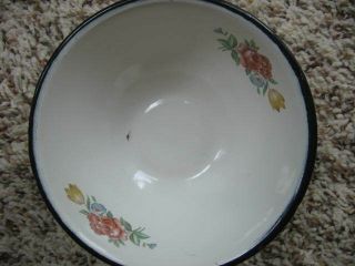 Vtg Enamelware,  White,  Black Trim,  Small Bowl With Inside Flower Design