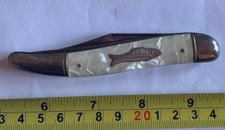 Vintage Imperial 2 Blade Pocket Knife - Fishing - Mother Of Pearl - Fish Badge - Usa