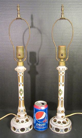 Pair Bohemian Czech Art Glass Enameled White Overlay Cut Amber 21 " Table Lamps