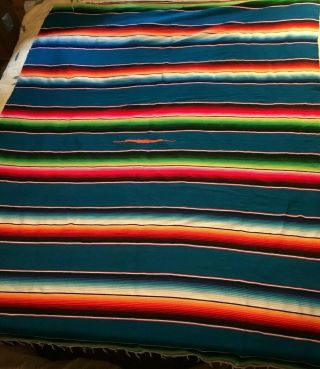 Vintage Mexican Saltillo Serape Striped Hand Woven Blanket W/fringe 81 " X 63 "