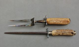 Solingen Germany Steel Hone Knife Sharpener & Chef Fork Set Antique Stag