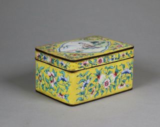 Antique Chinese Canton Enamel Box And Cover Yellow Hand Painted