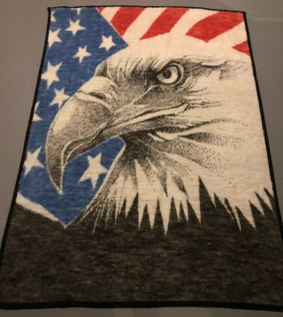 Vtg Biederlack Or America Bald Eagle Blanket Throw Flag Patriotic Usa 78” X 55”
