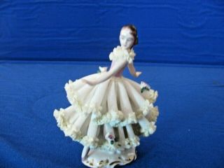 Vintage Dresden 5 " Lace Porcelain Ballerina Figurine.  Yellow And Pink Germany