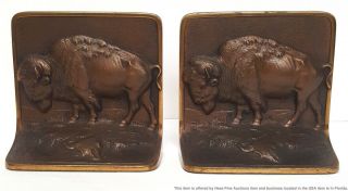 Vintage Antique Bronze Buffalo Bison Heavy Bookends Sculptures Numbered