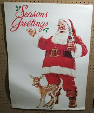 Vintage Coca Cola Santa & Doe Seasons Greetings Large 31 " X 23 " Poster