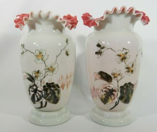 Antique Victorian Hand Painted Glass Vases Flower Frilly Top Pink Red