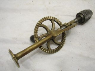 Antique Craftsman Made Brass Egg Beater Hand Crank Drill Wood Tool Mini Toy