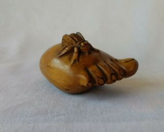 Netsuke - Foot With Fly - Japanese Carved Wooden Figure Sculpture 2 - 3/4 "