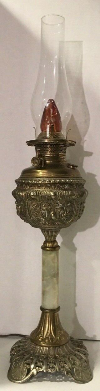 Antique Signed Bradley Hubbard Marble Onyx Brass Iron Oil Lamp