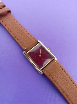 Vintage Burgundy Face Cartier Argent 925 Sterling Silver Gold Plated Lady Watch