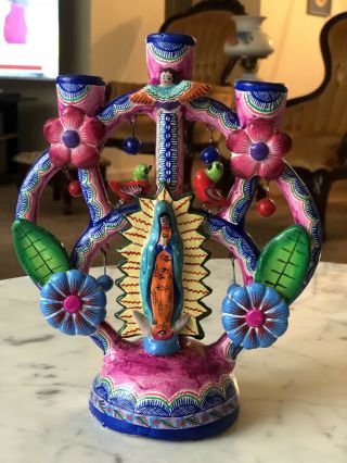 Vintage Mexican Tree Of Life Candleholder From Izucar Signed Jorge,  Mc