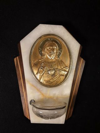Stunning Antique French Art Deco Brass & Marble Holy Water Font C1920s Signed Rc
