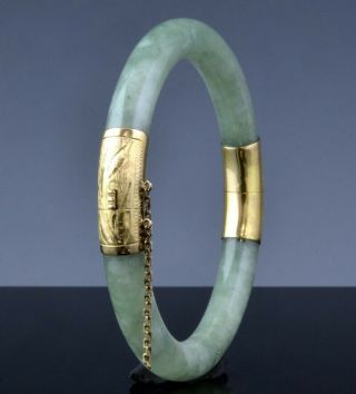 Fine Vintage Chinese 14k Gold & Apple Green White Jade Jadeite Bangle Bracelet