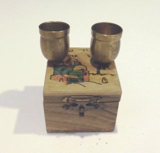 Vintage Israel Travel SHABBAT SHABBOS Brass Candle Holders in wooden box 3