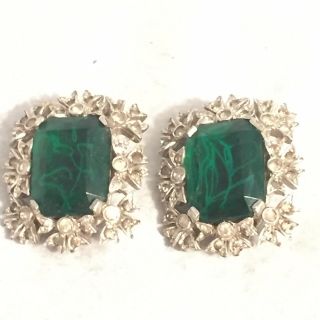 Vintage Jomaz Joseph Mazer Green Emerald Glass Clip Earrings