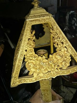 Antique Cast Iron Slag Glass Table Lamp w Flowers no glass 2
