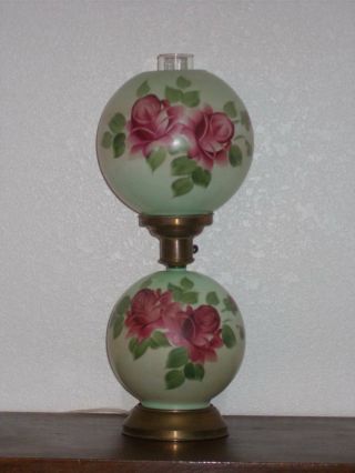 Vintage Hand Painted Roses Parlor Hurricane Table Lamp Pale Green Burgundy 21 "