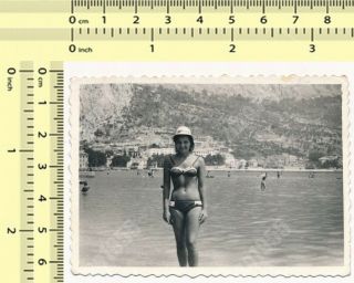 Pretty Bikini Woman On Beach,  Swimwear Lady Old Photo Snapshot