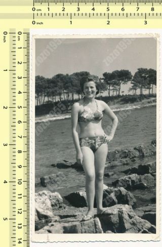 Bikini Woman Pose On Beach,  Swimwear Lady Portrait Old Photo Snapshot