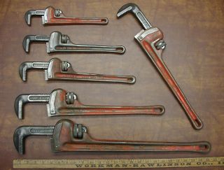 6 Vntg Ridgid Heavy Duty Pipe Wrenches,  10 ",  12 ",  14 ",  {2}18 ",  & 24 ",