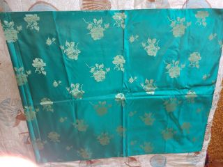 Antique Chinese Signed Silk Brocade Fabric With A Teal Background W/gold Roses