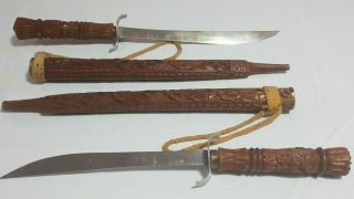 Vintage Swords Two Thai Dha Hand Carved Teak Wood Scabbards Knives Approx 68cm