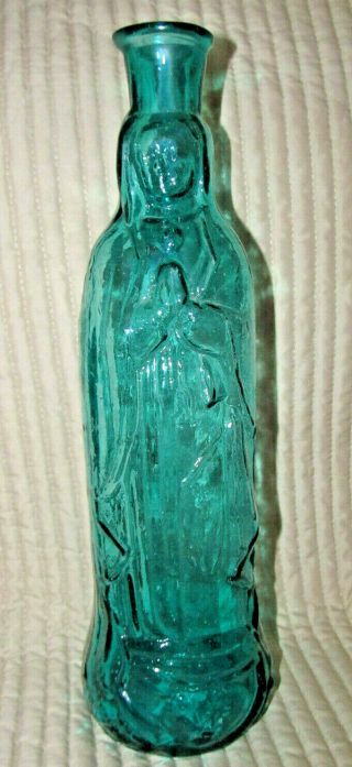 Vintage Turquoise Aqua Teal Blue Glass Bottle 12 " Virgin Mother Mary Religious