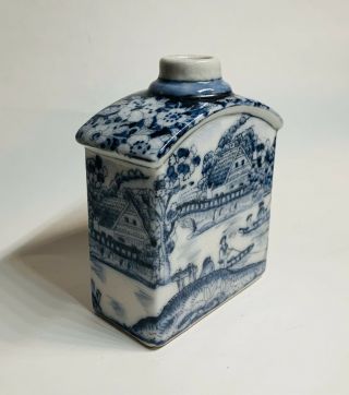 Antique Chinese Blue White Porcelain Tea Caddy Floral & Village Scene Decoration