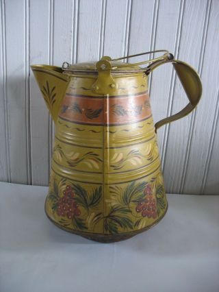 Early Toleware Tole Painted Tin & Copper Coffee Pot / Kettle 10 " Tall Wood Stove