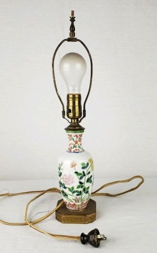 Antique Chinese Porcelain Vase Lamp With Flowers Famille Rose