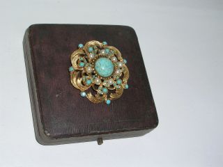 Vintage Victorian Art Nouveau Rococo Gold Filled Filigree Brooch Pearl Turquoise