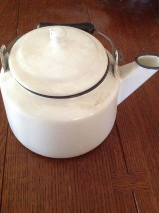 Antique Vintage White Porcelain Enamelware Teapot Kettle W Blacktrim Wood Handle