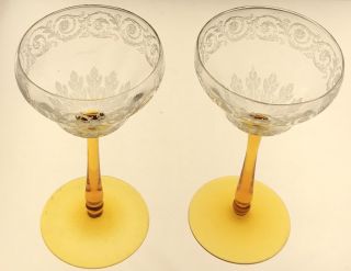 2 Rare Vintage Champagne Glasses Clear Etched Crystal Bowls With Amber Stem