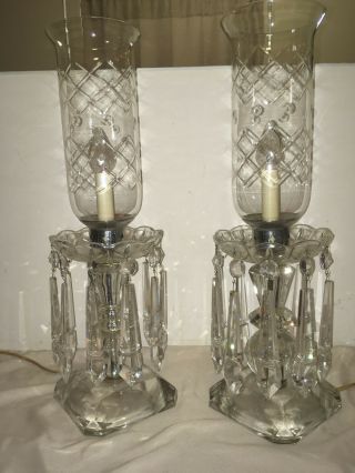 2 - Antique American Brilliant Cut Glass Hurricane Table Lamps Prisms Etched 19 "