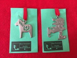 2 Rune Tennesmed,  Swedish Pewter Christmas Ornaments,  Horse & Skier