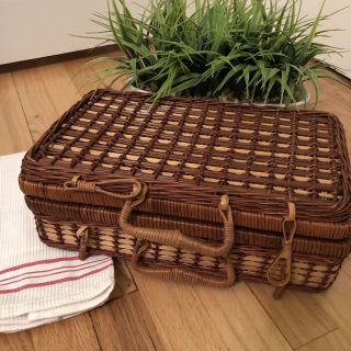 Vintage Woven Rectangle Natural Rattan Wicker Box Basket W/ Handle