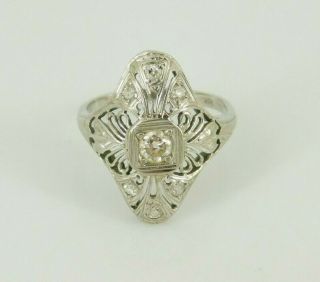 Vintage / Antique Art Deco 18k White Gold Diamond Filigree Ring Size 4
