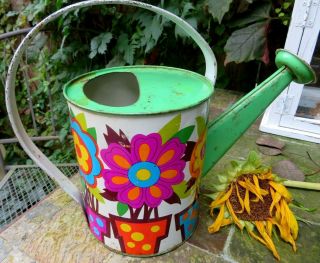 Vintage Ohio Art Tin Litho Child Toy Watering Can With Mod Flower Graphics