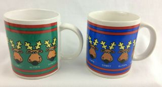 1986 Vintage Christmas 9 Cartoon Reindeer Coffee Mug/ Cup Set Of 2,  Blue & Green