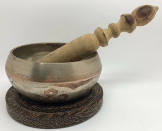 Tibet Buddhist Chakra Singing Bowl W/ Wood Stick & Base; Fish Design (rf1043)