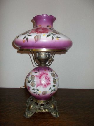 Vintage Hand Painted Hurricane Lamp W/night Light Purple Pink Roses 19 " Tall
