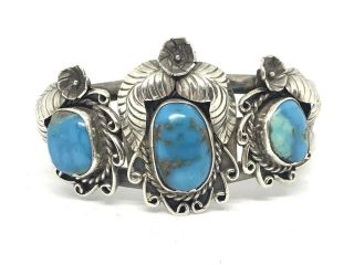 Vintage Navajo Silver & Turquoise Cuff Bracelet Squash Blossom Native American