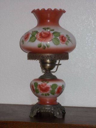 Vintage Hurricane Table Lamp W/night Light Hand Painted Cinnamon