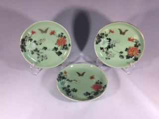 Antique Japanese Hand Painted Small Green Dishes With Butterflies